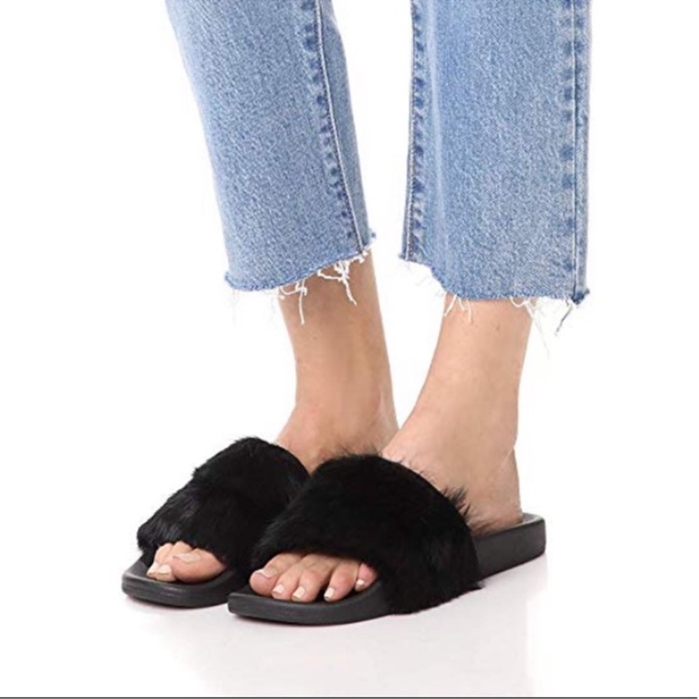 Rebecca Minkoff Black Rabbit Fur Slides